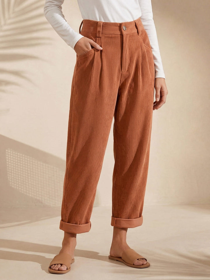 Women's high-waisted corduroy trousers with straight legs and cuffed hems