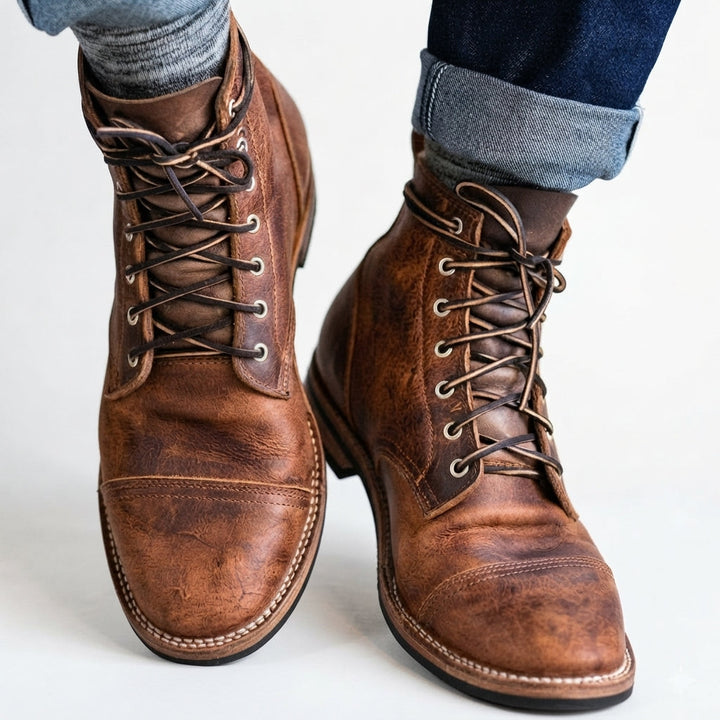 Men's vintage textured lace-up ankle boots with round toes and low heels