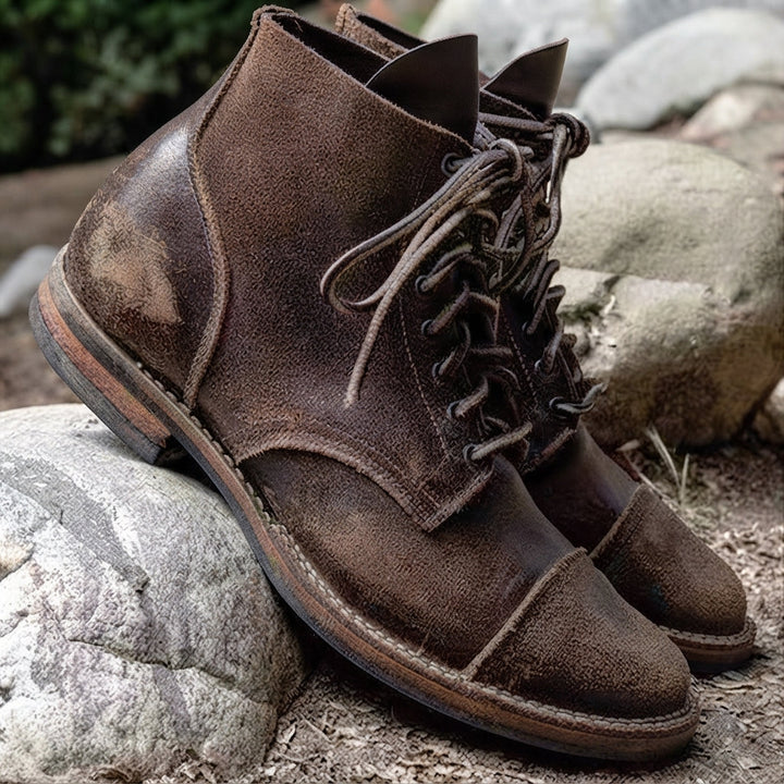 Men's vintage textured lace-up ankle boots with round toes and low heels