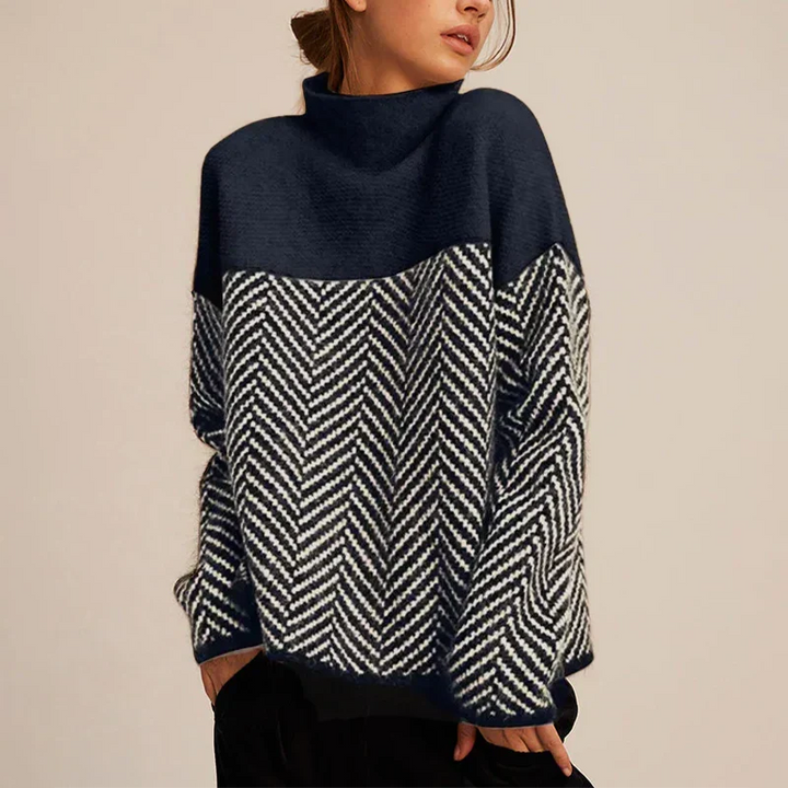 Women's funnel neck sweater with contrasting chevron pattern