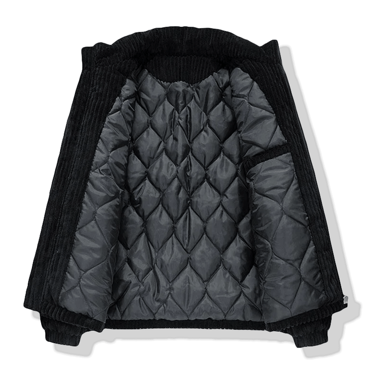 Ribbed puffer jacket with high collar and zip front
