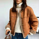 Women's brown jacket with shearling-style trim and button front