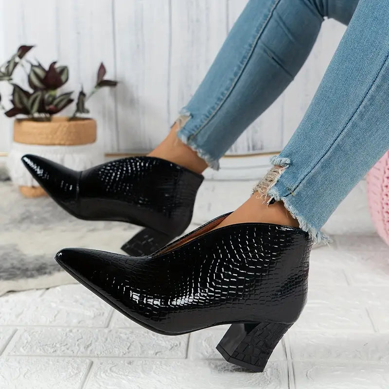 Women's Textured Ankle Boots with Block Heel in Black | Bellmere