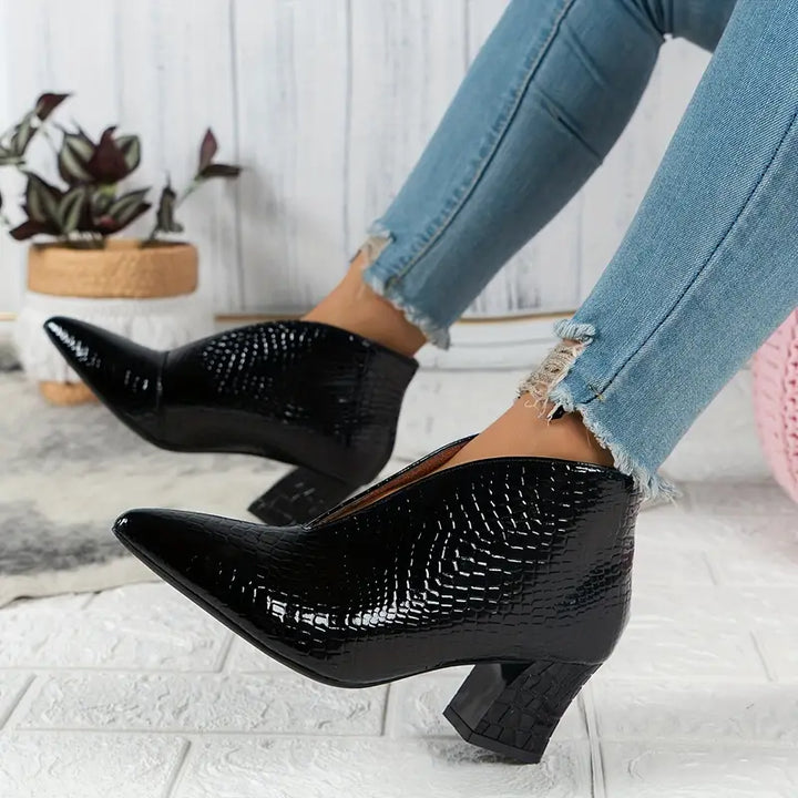 Women's Textured Ankle Boots with Block Heel in Black | Bellmere