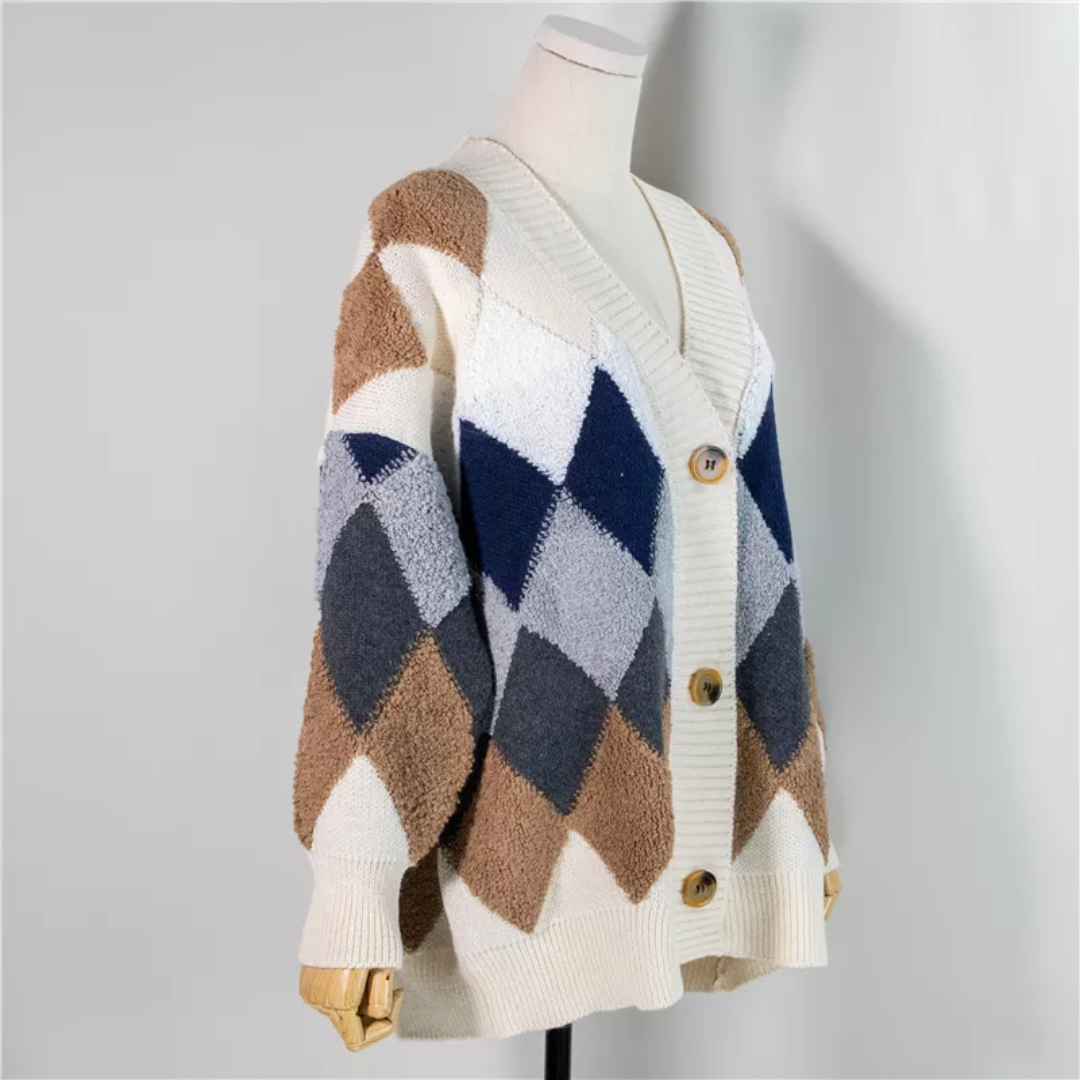 Women's multicolor argyle knit cardigan with buttons and long sleeves