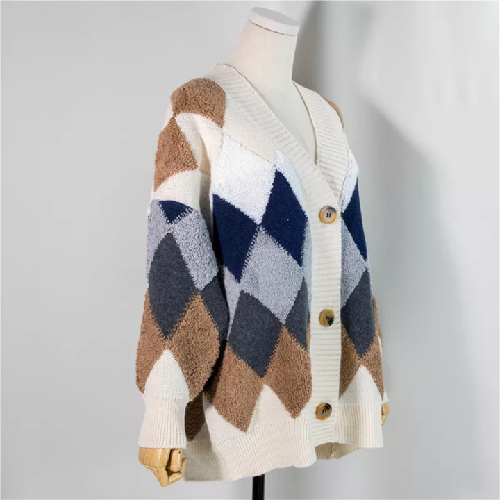 Women's multicolor argyle knit cardigan with buttons and long sleeves