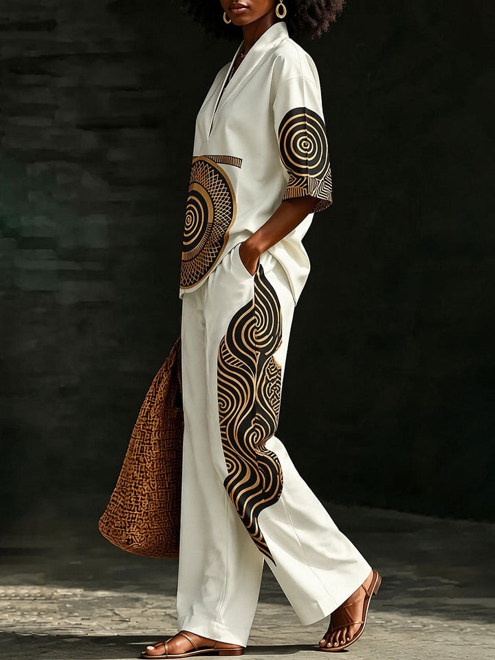 Women's cream wide-leg trousers with geometric contrast panels