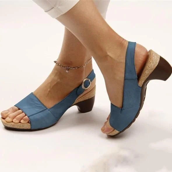 Iris | Women's Peep Toe Slingback Block Heel Sandals Buckle