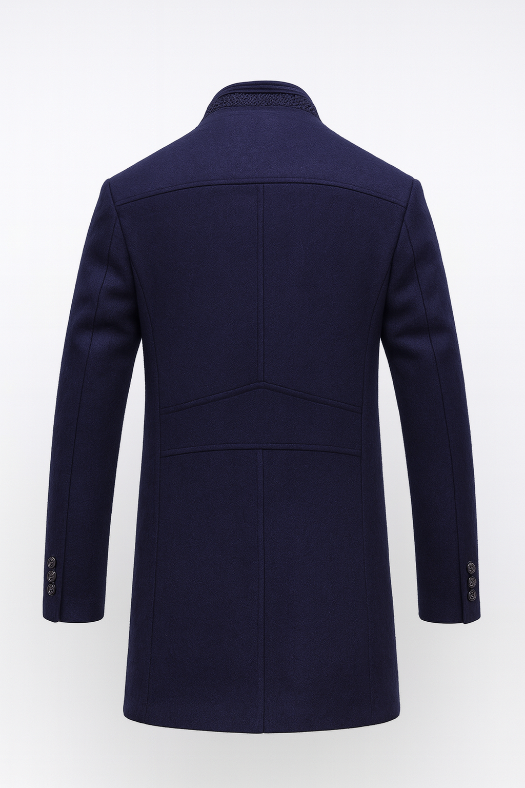 Men's textured button-front overcoat with Mandarin collar and contrast trim