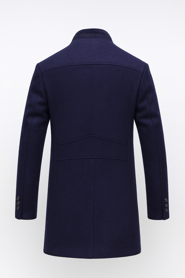 Men's textured button-front overcoat with Mandarin collar and contrast trim