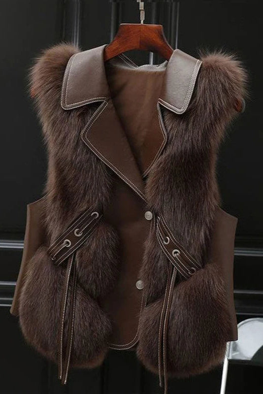 Women's sleeveless faux fur vest with lapel collar and front pockets