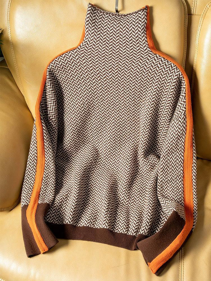 Women's herringbone turtleneck sweater with contrast trim