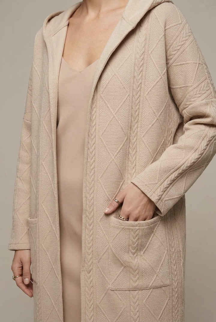 Women's hooded textured longline cardigan with open front and front pockets