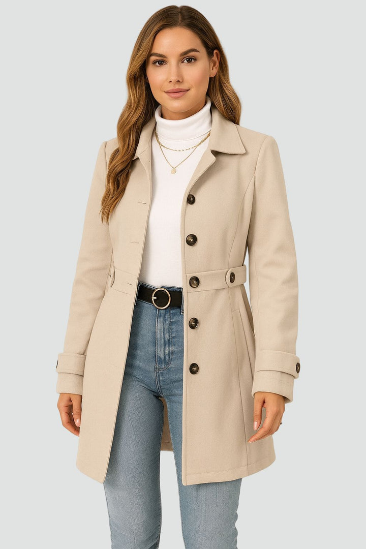 Women's belted trench coat with button front