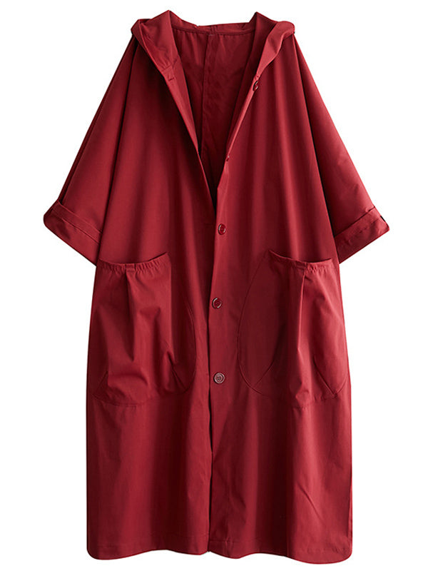 Women's long hooded trench coat with rolled sleeves and large front pockets