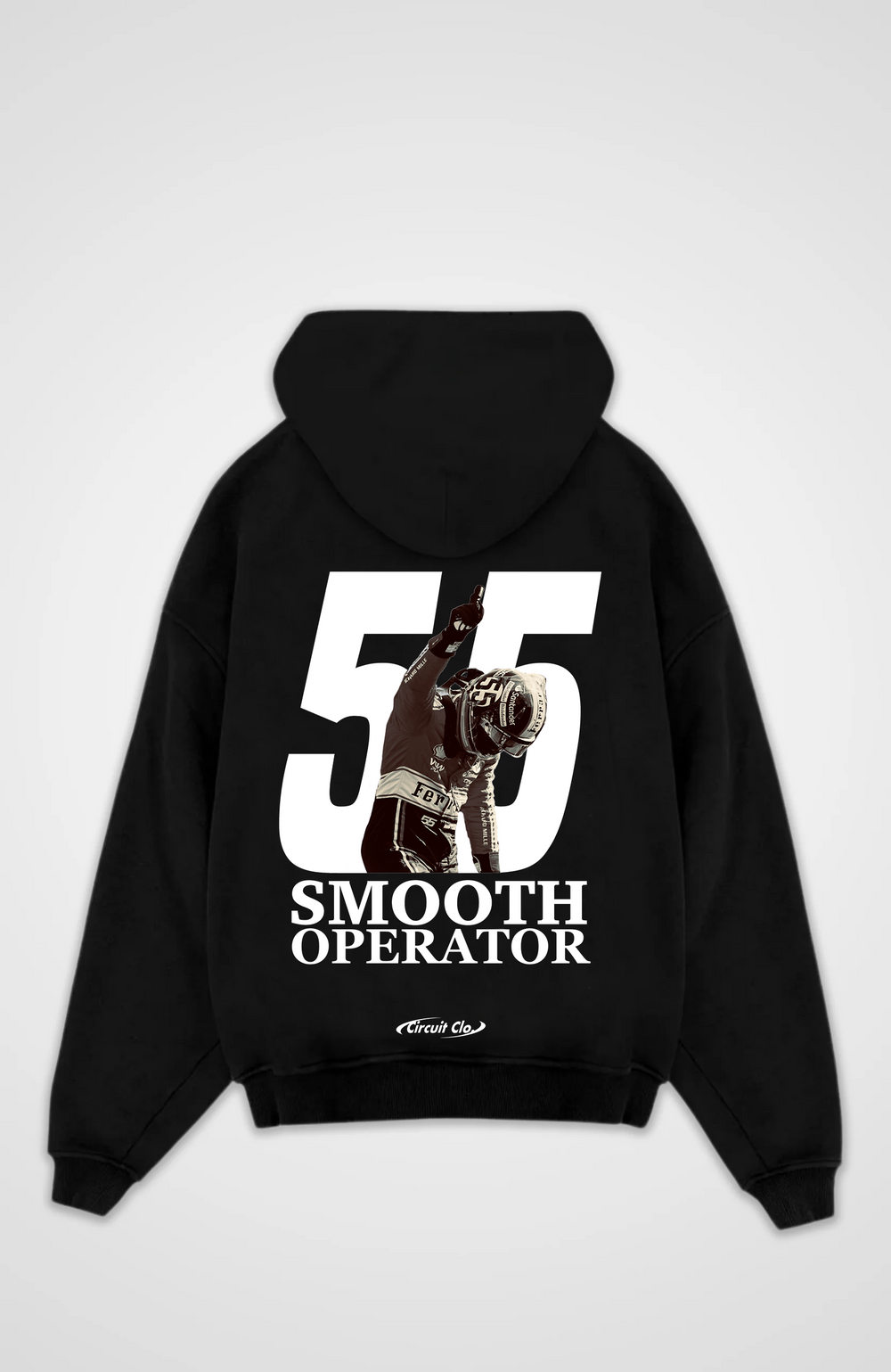 Oversized graphic hoodie with hood, ribbed trims and racing back print