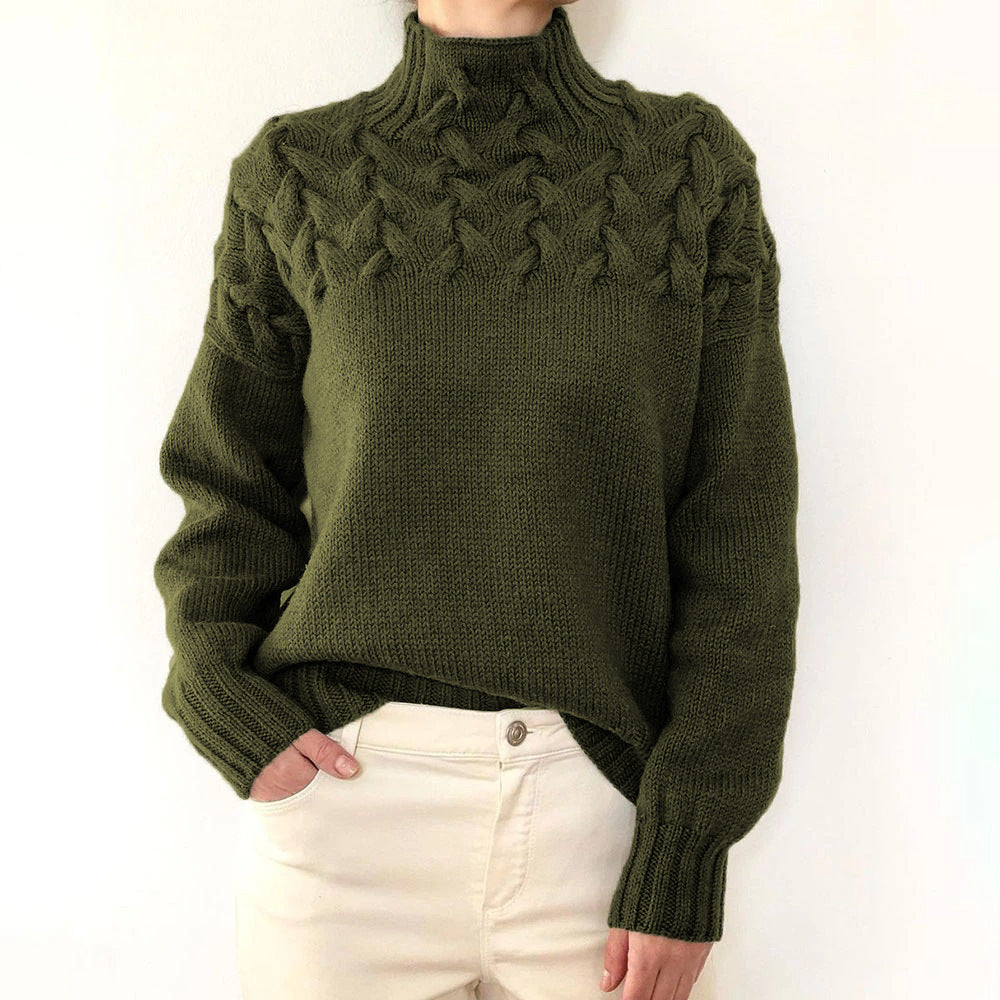 Women's cable knit turtleneck sweater with long sleeves and ribbed trims