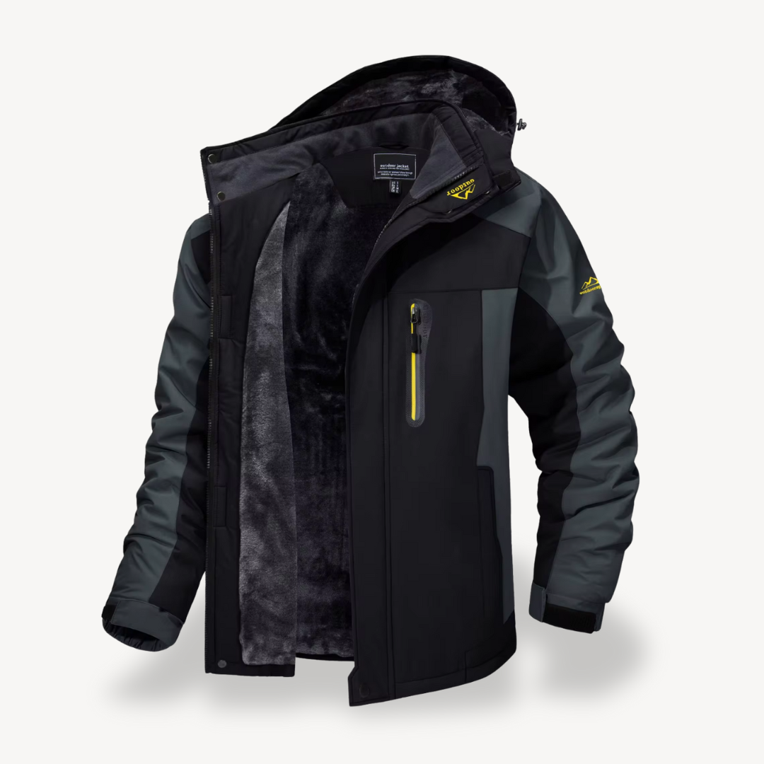 Men's hooded winter jacket with fleece lining and contrasting panels