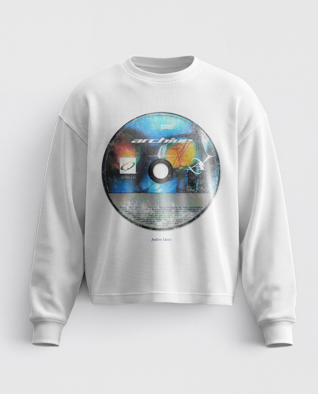 White long-sleeve sweatshirt with a circular multicolour front graphic