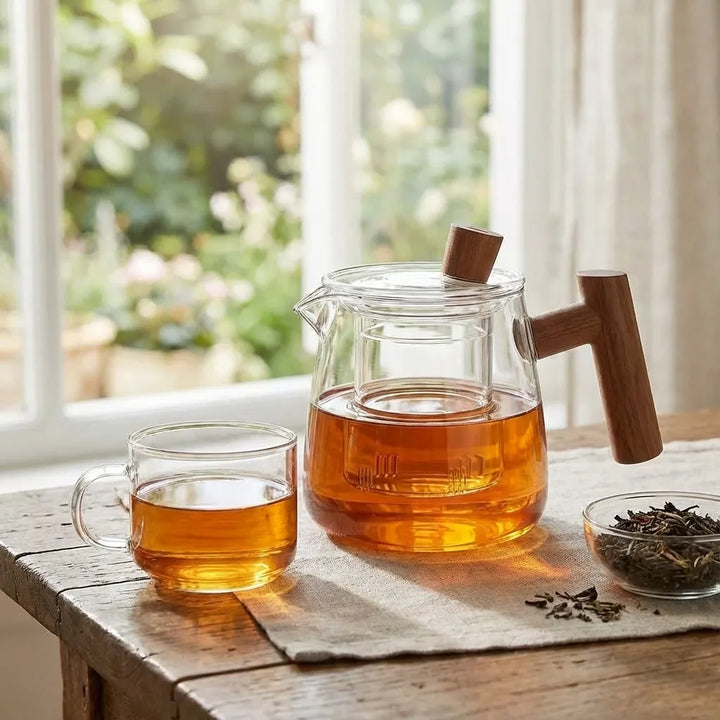 Clear glass teapot with central infuser and wood-effect handle