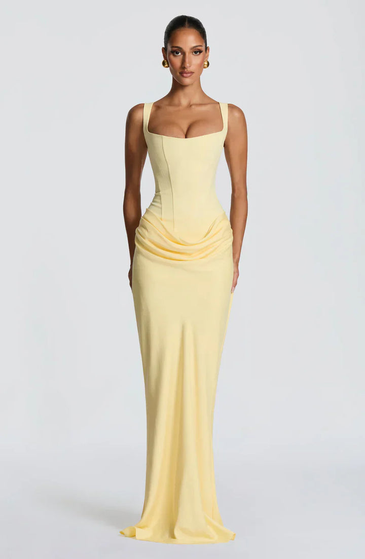 Women's fitted sleeveless maxi dress with square neckline and ruched side detail