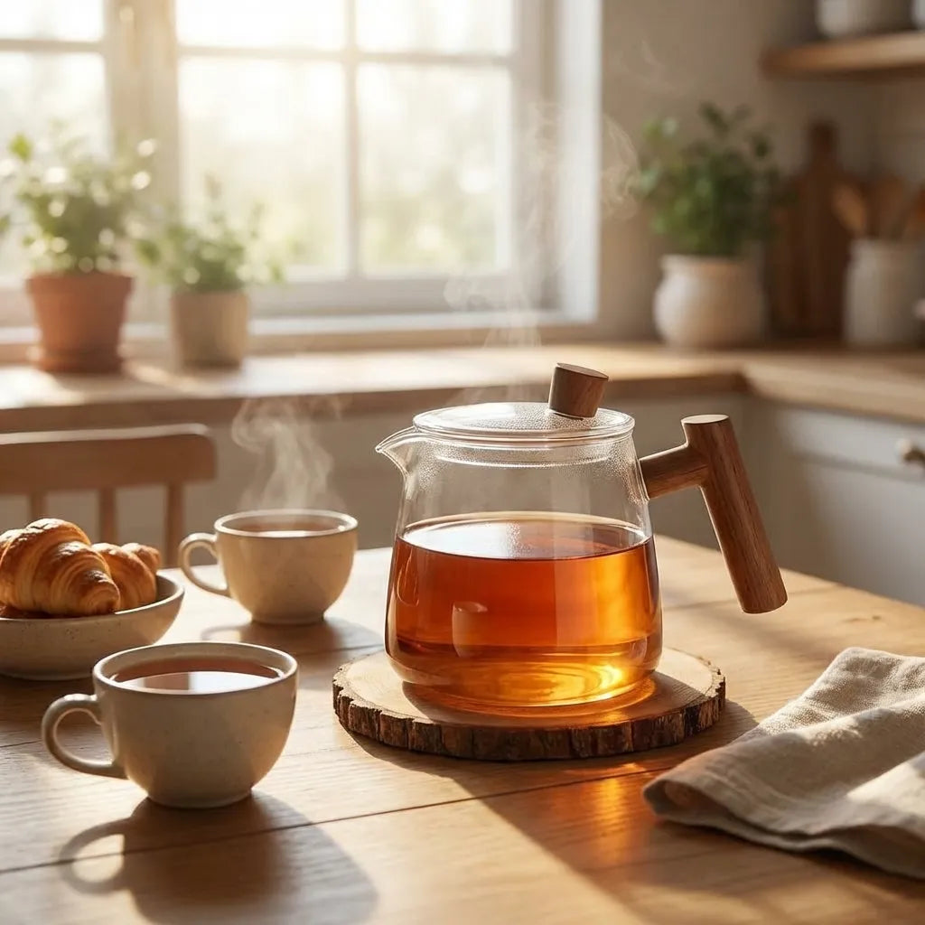 Clear glass teapot with central infuser and wood-effect handle