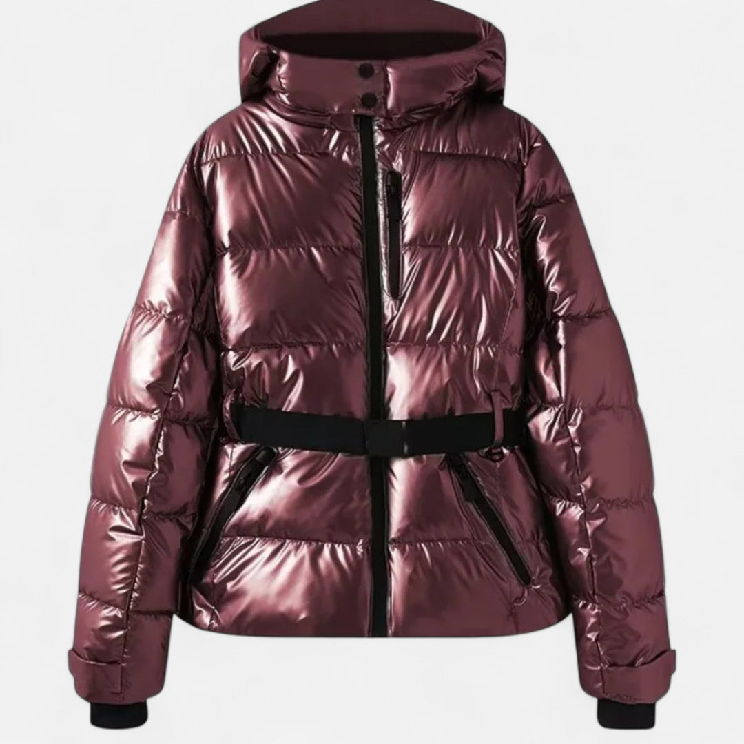 Women's belted quilted ski puffer jacket with hood and cropped hem