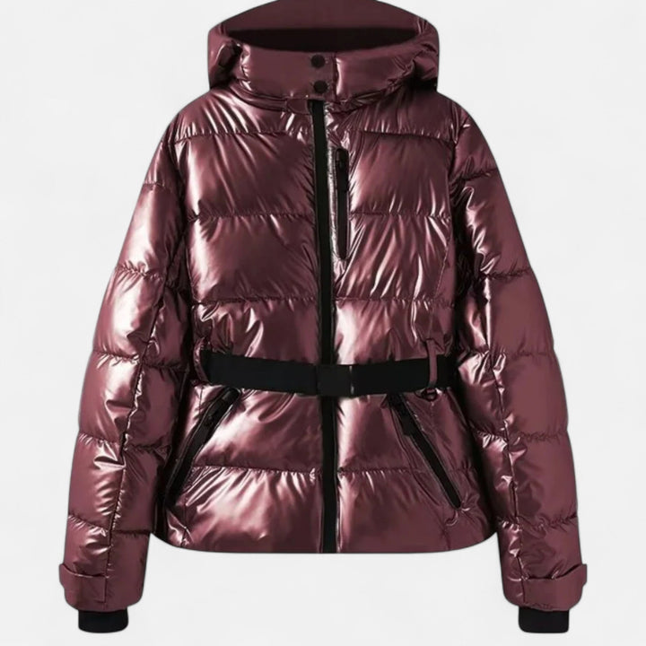 Women's belted quilted ski puffer jacket with hood and cropped hem