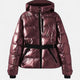 Women's belted quilted ski puffer jacket with hood and cropped hem