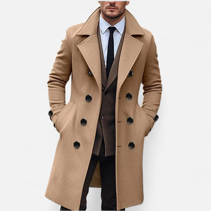 Men's long double-breasted overcoat with notched lapels and buttoned cuffs