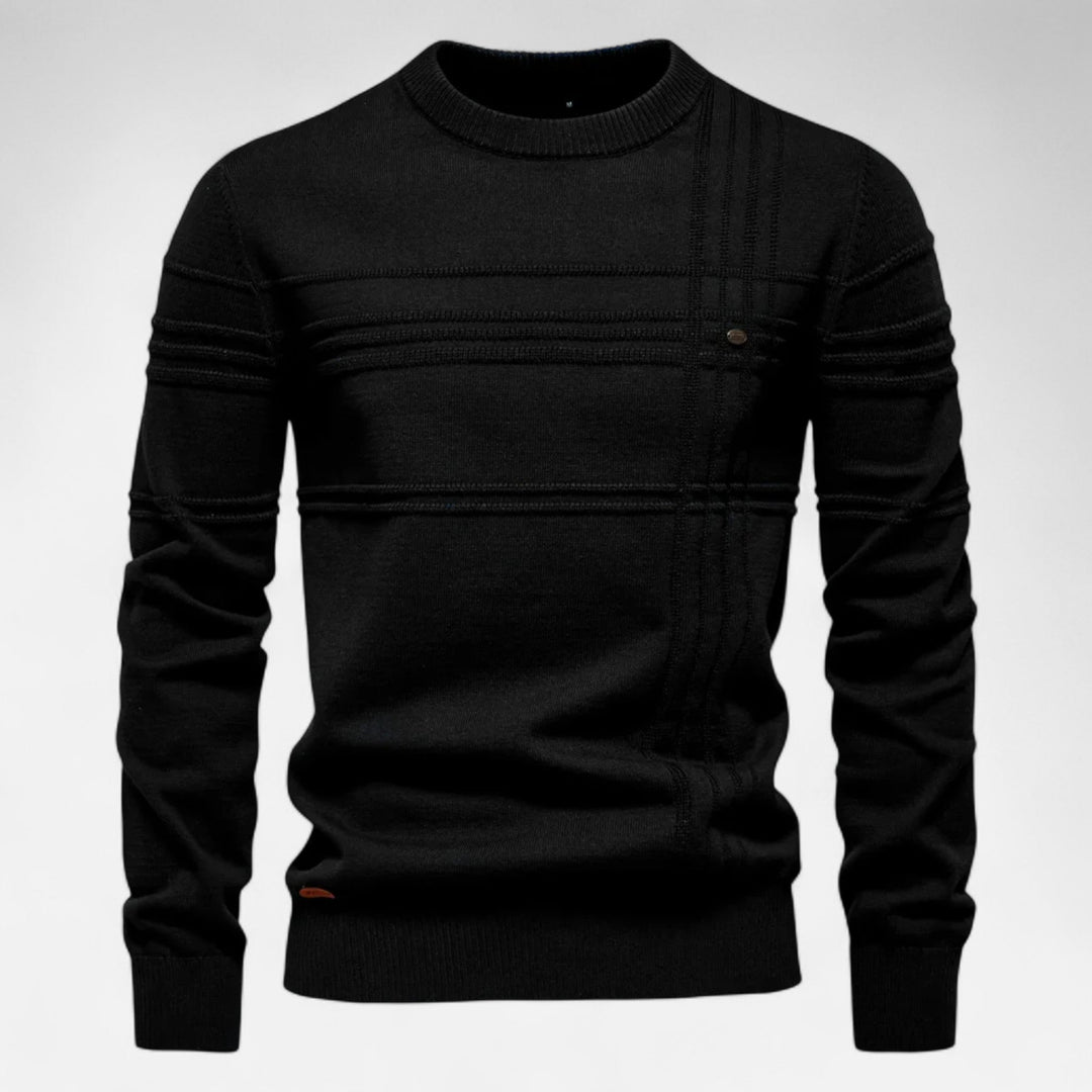 Men's long-sleeve crew neck sweater with horizontal textured stripes and ribbed trims