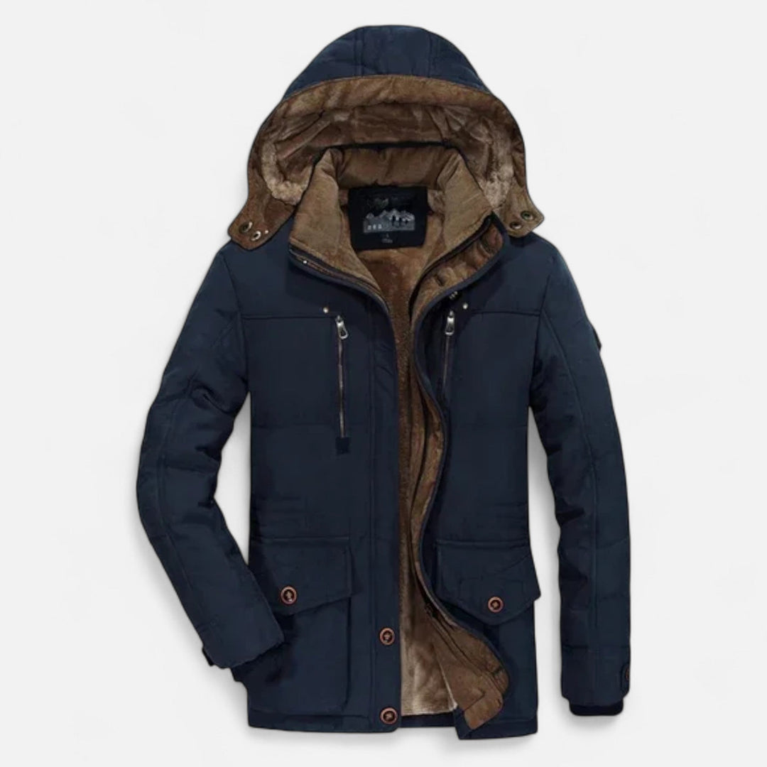 Men's hooded quilted parka jacket with multiple pockets and layered front closure