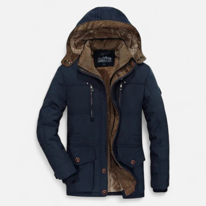 Men's hooded quilted parka jacket with multiple pockets and layered front closure