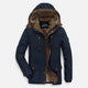 Men's hooded quilted parka jacket with multiple pockets and layered front closure