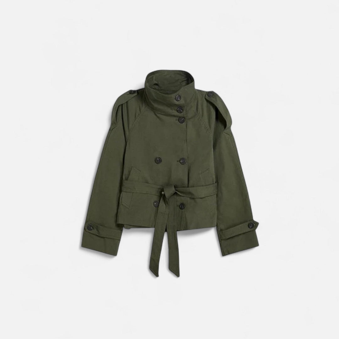 Women's cropped belted trench jacket with high collar and buttons