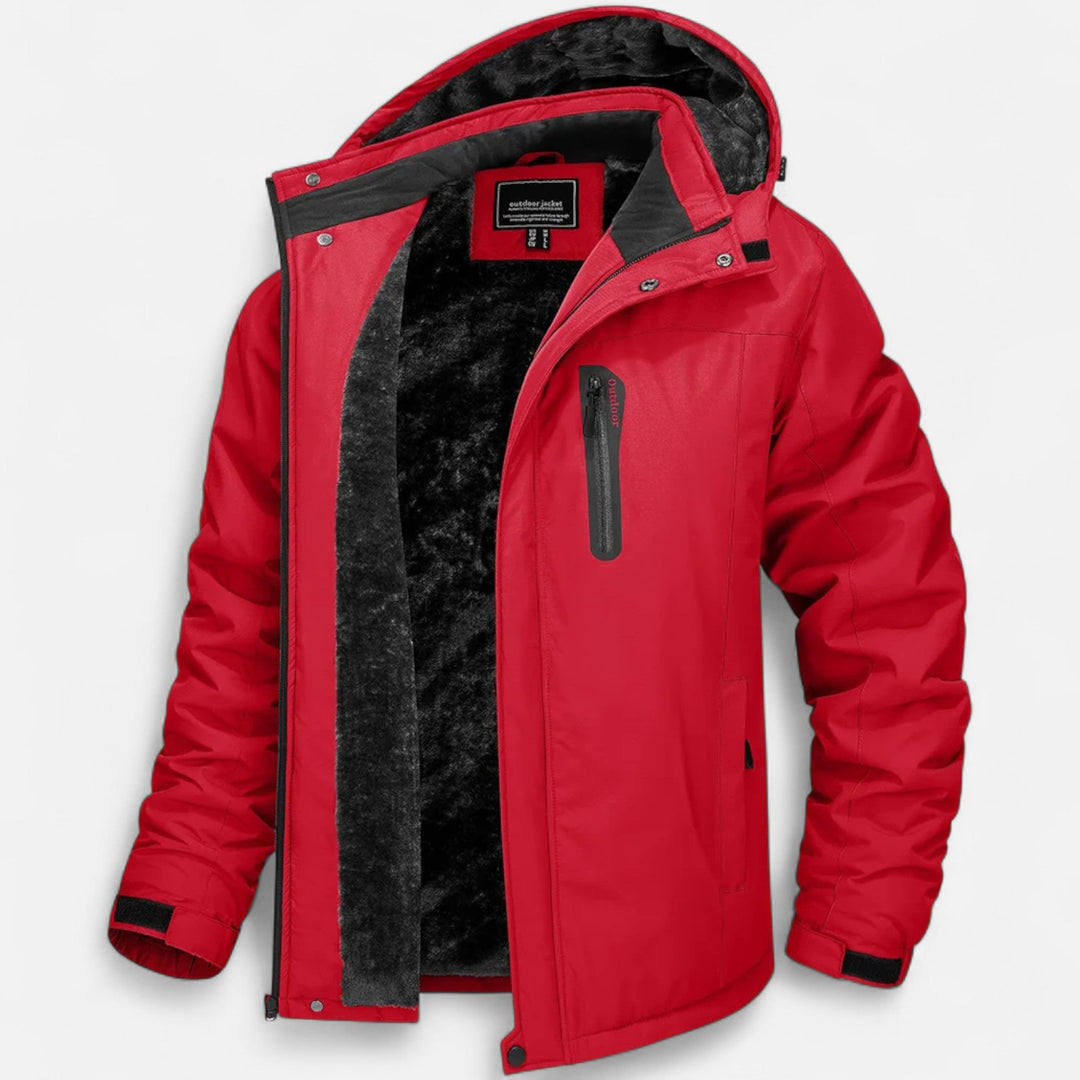 Men's hooded winter parka with fleece lining, zip front and long sleeves