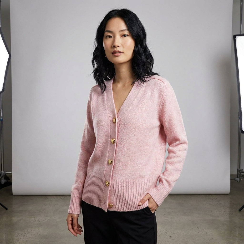 Women's V-neck button front cardigan with long sleeves and ribbed trim