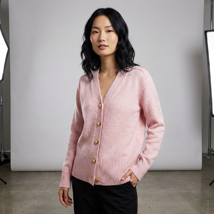 Women's V-neck button front cardigan with long sleeves and ribbed trim