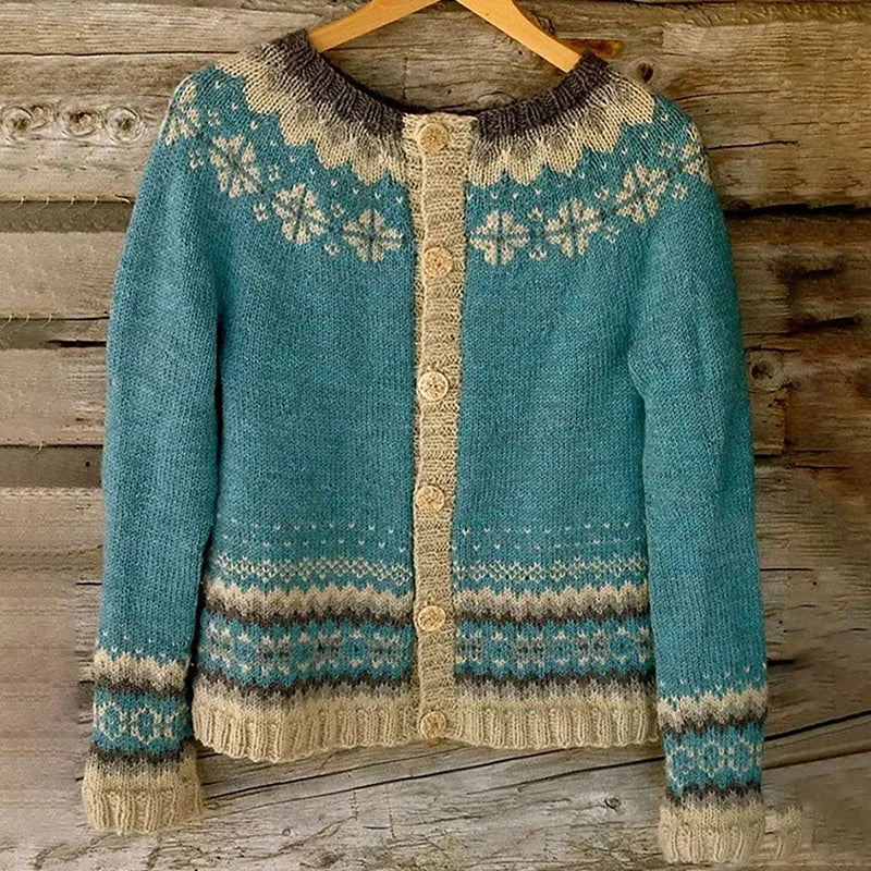 Women's blue Fair Isle cardigan with button front and long sleeves