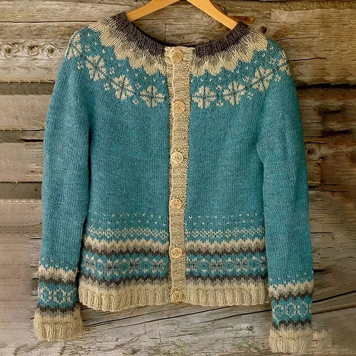 Women's blue Fair Isle cardigan with button front and long sleeves