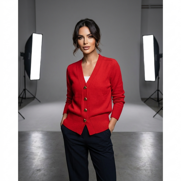 Women's V-neck button front cardigan with long sleeves and ribbed trim