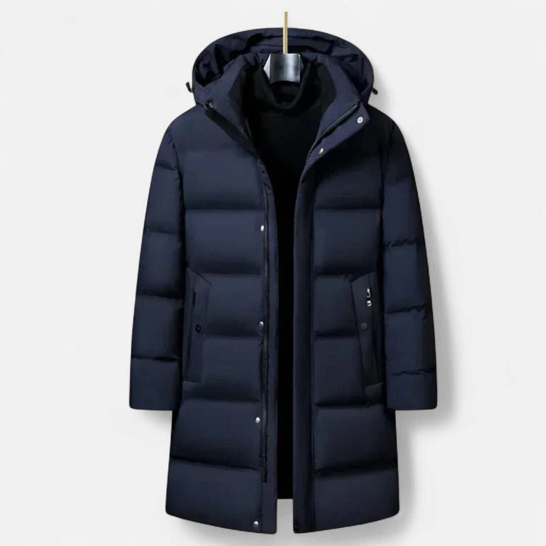 Men's long hooded quilted puffer parka with zip and snap front