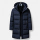 Men's long hooded quilted puffer parka with zip and snap front