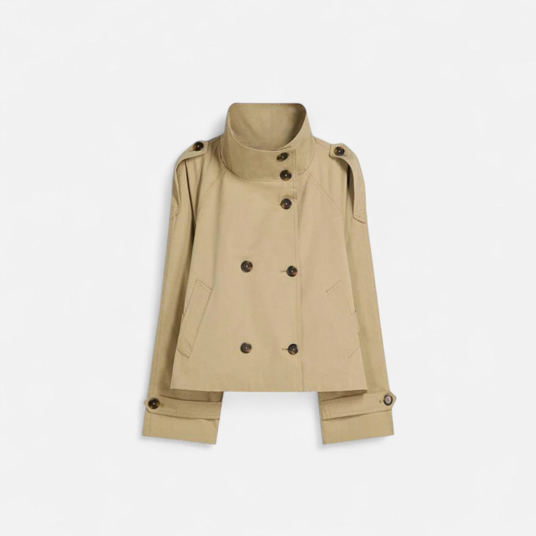 Women's cropped belted trench jacket with high collar and buttons