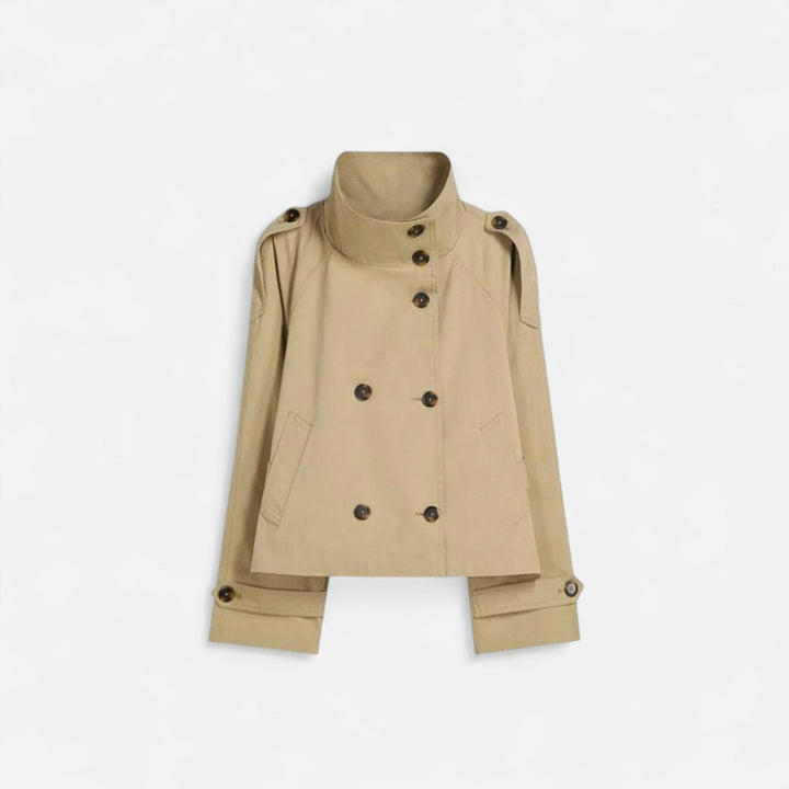 Women's cropped belted trench jacket with high collar and buttons