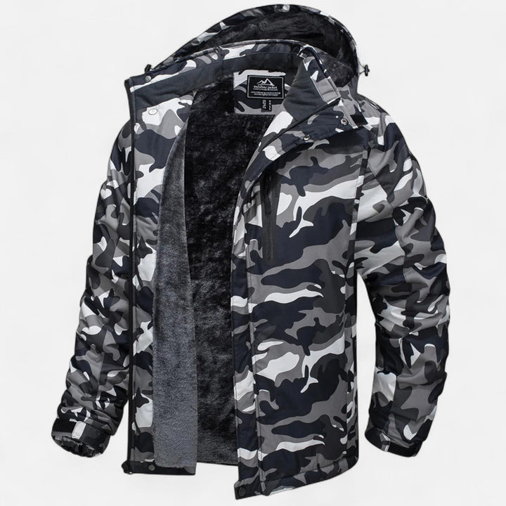 Men's hooded winter parka with fleece lining, zip front and long sleeves