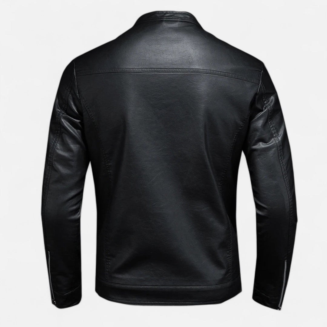 Men's black slim fit biker jacket with stand collar and zip front