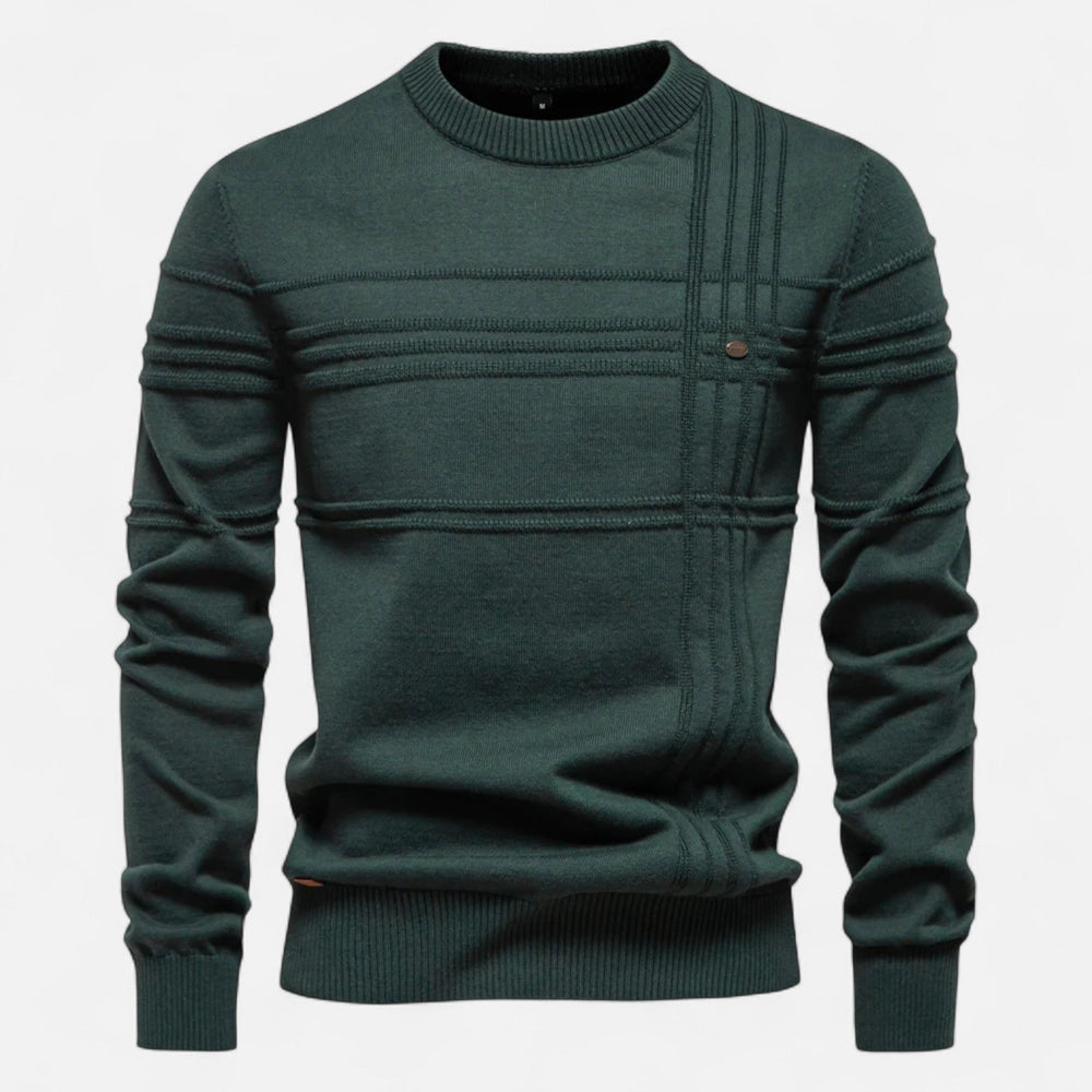 Men's long-sleeve crew neck sweater with horizontal textured stripes and ribbed trims