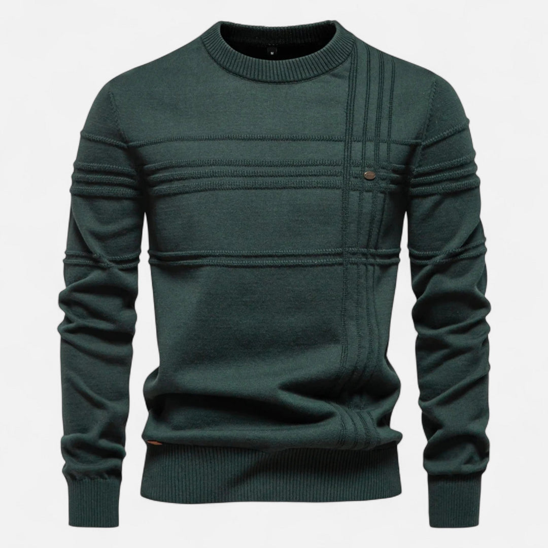 Men's long-sleeve crew neck sweater with horizontal textured stripes and ribbed trims