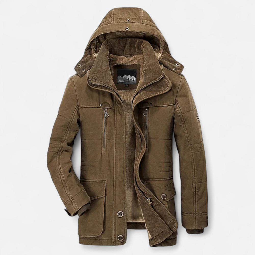 Men's hooded quilted parka jacket with multiple pockets and layered front closure